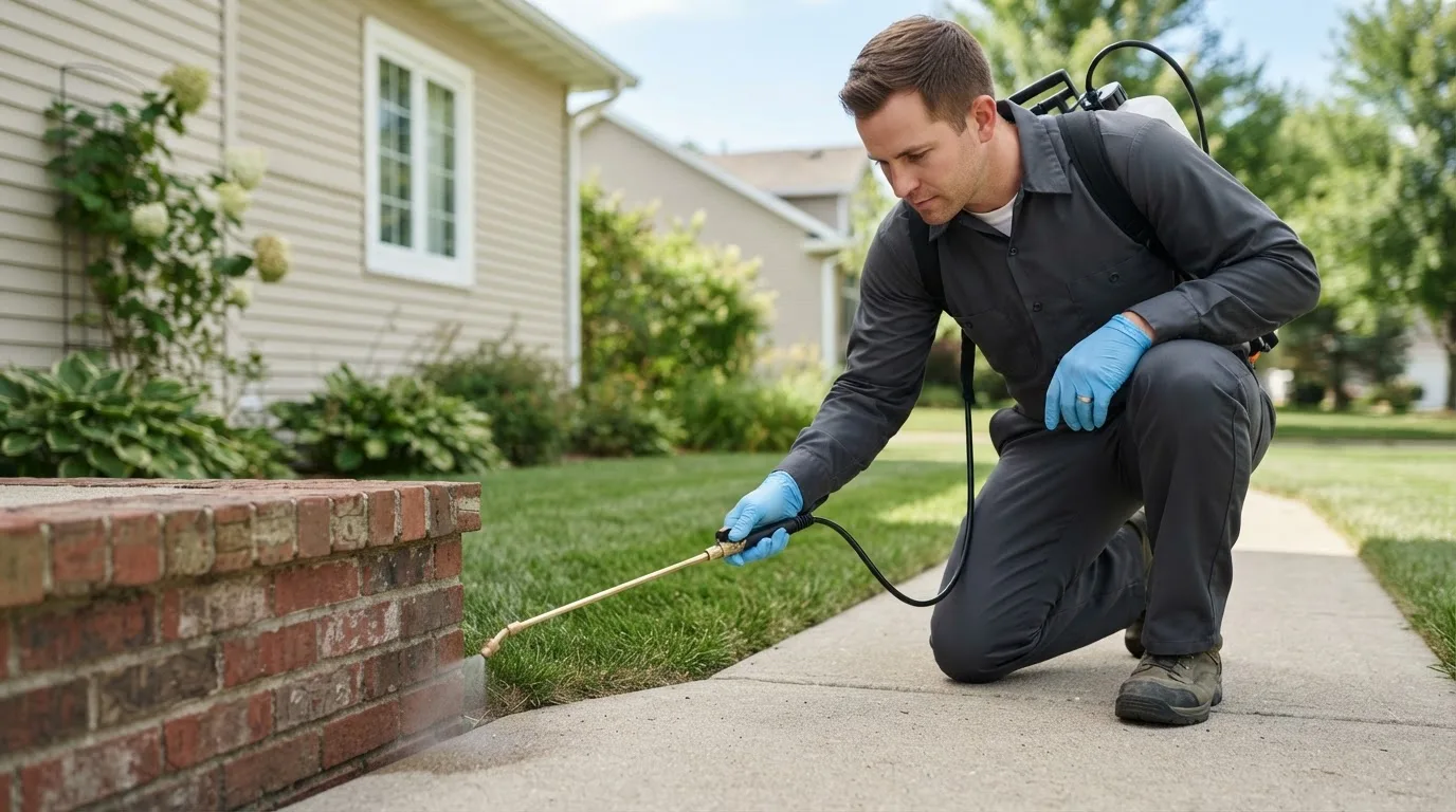 Pest control technician treating a home near West Bend, WI
