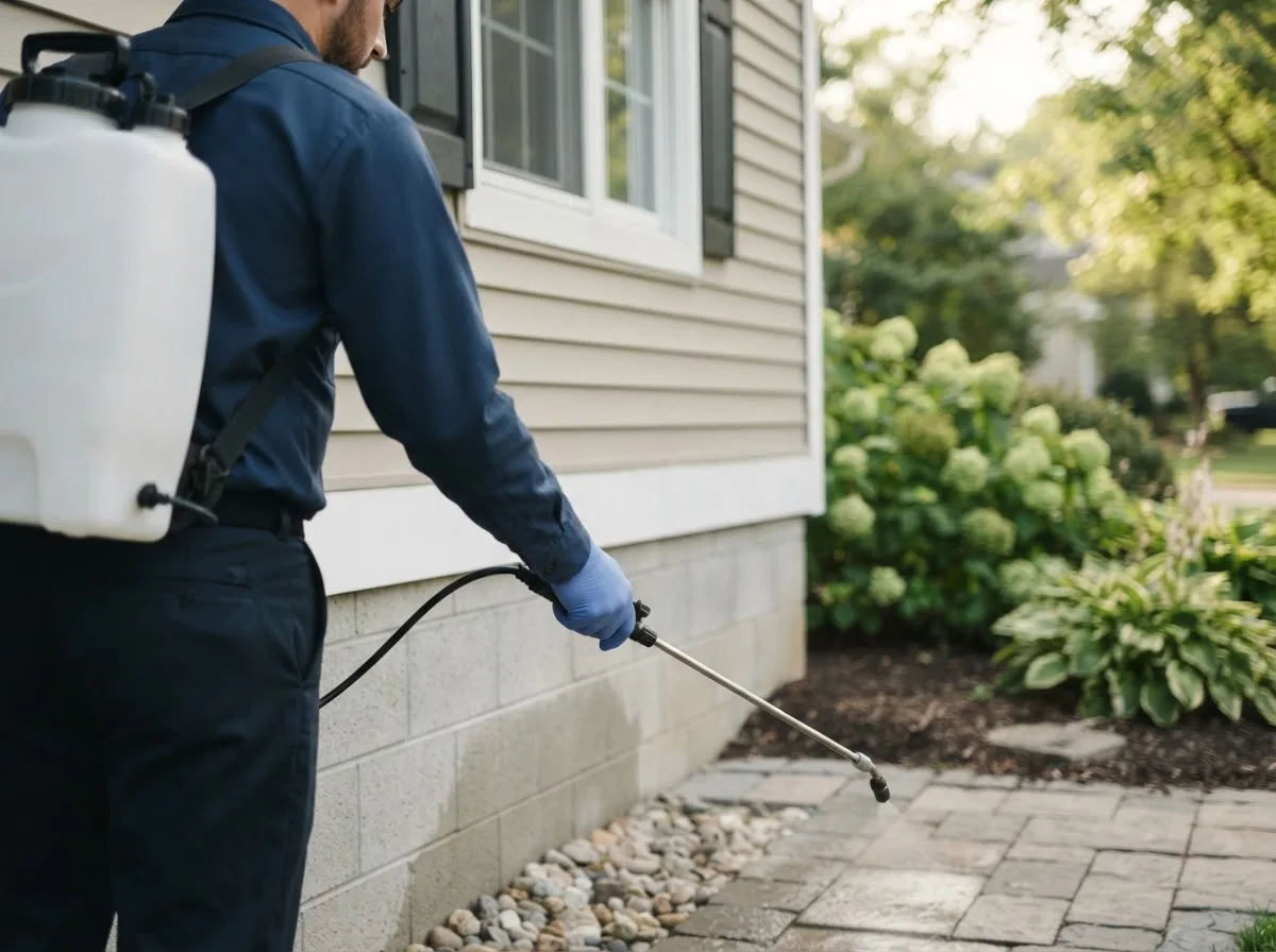 Pest control technician inspecting a home in West Bend, WI